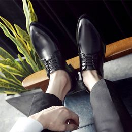 Hot Sale-Leather Shoes Black Men's Wedding Shoe Fashion Male Formal Oxford Shoes Flats Casual Lace Up Business Pointed Toe Shoes For Men
