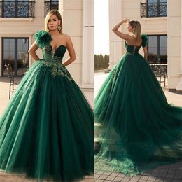 One Shoulder Hunter Evening Dresses Sweetheart Beaded Tulle Prom Gowns with Handmade Flower Lace Up Celebrity Dress