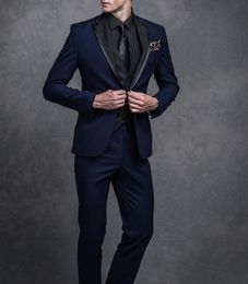 New Style Navy Blue Groom Tuxedos Peak Lapel Groomsmen Mens Wedding Dress Fashion Man Jacket Blazer 3 Piece Suit(Jacket+Pants+Vest+Tie) 806