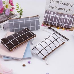 Grid Pencil Case Cute Concise Solid Colour Canvas Pencil Cosmetic Bag Creative Pencilcase For Gifts Fast Shipping F3518