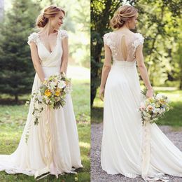 Sexy Deep V Neck Chiffon A Line Lace Wedding Dresses 2018 Cap Sleeves Sweep Train Wedding Bridal Gowns