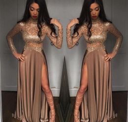 2019 African Gorgeous Champagne Sequined Evening Dresses Long Sleeves Prom Gowns side slit Vestidos Special Occasion Dresses Evening Wear