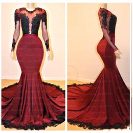 2020 Burgundy Sheer Long Sleeves Satin Mermaid Long Prom Dresses Lace Applique Backless Sexy Sweep Train Evening Gowns Vestidos De Festa