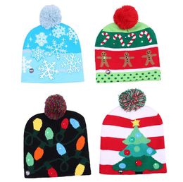 new LED Christmas knitted Hat kid Adults Santa Claus Snowman Reindeer Elk Festivals Hats Xmas Party Gifts Cap SN2665