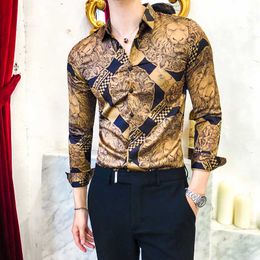 Men's Casual Shirts Luxury Gold Print Shirt Men Fashion Brand Long Sleeve Dress Slim Tuxedo Street Wear Club Social Top