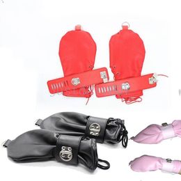 Bondage Restraint Harness Locking Dog Palm Gloves Cuffs Mittens Wrist Fancy handcuffs #R56