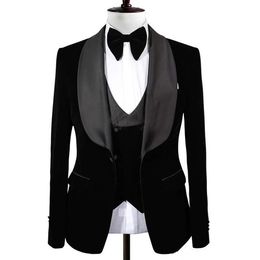 New Popular Black Groom Tuxedos Shawl Lapel One Button Men Suits Wedding/Prom/Dinner Best Man Blazer(Jacket+Vest+Pants)