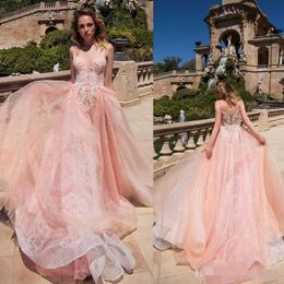Pink Beach Dresses Lace Tulle Appliqued Organza Sexy Illusion Back Sheer Neck Custom Made Wedding Bridal Gown Vestido De Novia