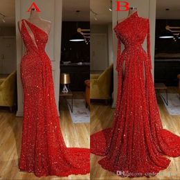 2020 Sexy Burgundy Long Sleeve Red Sequin Mermaid Reflective Prom Dresses High Split Side Evening Gowns robe de soiree