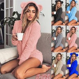 S-5XL Sleepwear Women Autumn Winter Plush Long Sleeves Hooded Jumpsuit Cartoon Shorts Pajamas Home Rompers With Zipper Loungwear YP69
