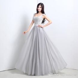 2019 New Arrival V Neck Lace Crystal Lace-up Long Prom Dresses Vestido de festa Fast Delivery Gray Chiffon Evening Dresses 038