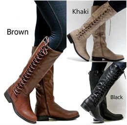 Cheap Hot Sale Designer Women Knee High Boots Fashion Round Toe Low Heels Winter Shoes Three Colours Lace up Lady Motorcycle Boot