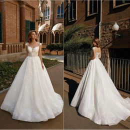 Elegant Ricca Sposa Wedding Dresses Jewel Capped Sleeve Sheer Neck Lace Appliques Beads Bridal Gowns Sweep Train A Line Wedding Dress