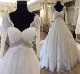 Romantic Illusion Long Sleeve Wedding Dresses Maternity V-neck Beaded Sashes Lace Applique Court Train Bridal Dress For Pregnant Women