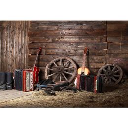 Western Cowboy Themed Birthday Party Background Wood Wall Barn Warehouse Straw Guitars Wheels Kids Rustic Photography Backdrop