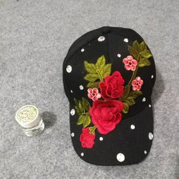 Fashion-Baseball Cap Hat Rose Flower with Diamond Female Casual Caps Simple Sun Hat Travel Sunshade Hats