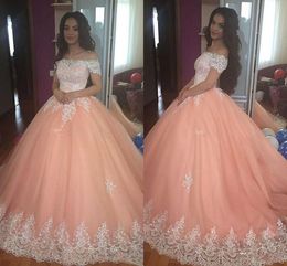 Peach Sweet 16 платья Quinceanera Sexy Off Plouds Короткие рукава платье для выпускного выпускного платье с аппликацией Corset Pluffy 2020 Vestidos 278Z