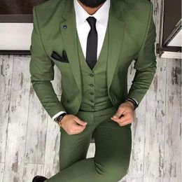Olive Green Mens Suits For Groom Tuxedos 2019 Notched Lapel Slim Fit Blazer Three Piece Jacket Pants Vest Man Tailor Made Clothing276C