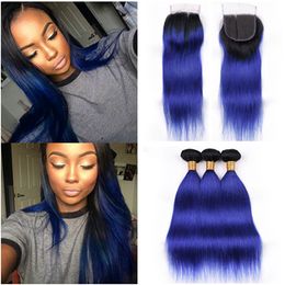 Black to Dark Blue Ombre Body Wave 3Bundles Peruvian Hair with Closure Body Wavy #1B/Blue Ombre 4x4 Lace Front Closure with Weaves