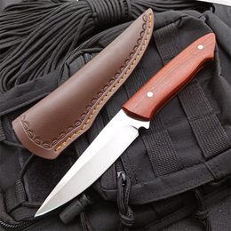 New Survival Staight Hunting Knife 7Cr17Mov Satin Drop Point Blade Full Tang Wood Handle Fixed Blade Knives With Leather Sheath