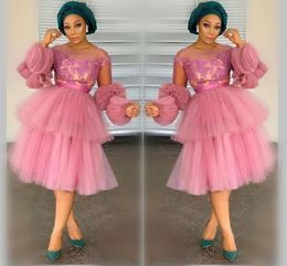Pink African Dusty Nigerian Poet Long Sleeves Short Prom Dresses Scoop Neck Lace Appliqued Tiered Tulle Knee-Length Formal Evening Gowns