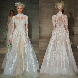 reem acra lace wedding dresses high neck long sleeves plus size fairy bridal gowns caften beach boho chic robe de marie