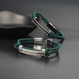 Jewelry Women Bracelets Clear Cz Long Tube Buckle Bracelet With Green String Braided Men Stainless Steel Bangle Jewelry