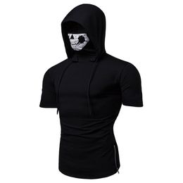 New Men's Stretch Fitness Men's Hooded Short-sleeved T-shirt Skull Mask High-quality Hiking Camping Fishing Clothig Large Size CY200513