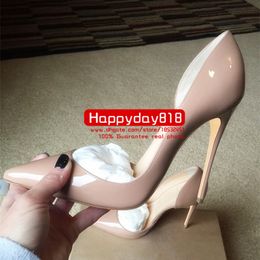 Casual Designer Sexy Lady Fashion Women Shoes Nude Patent Leather Pointy Toe Stiletto Stripper High Heels Zapatos Mujer Prom Evening pumps Large size 44 12cm