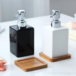 320ml Ceramic Soap Dispenser White Black Bottle Hotel Shower Gel Hand Sanitizer Bottle with Bamboo Tray for Kitchen Bathroom Accessories