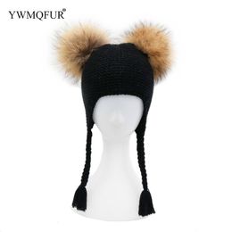 Winter Kids Knitted Hats Ear Protection Children Skullies Beanies Caps 1 to 3 Years old Baby Hat With Raccoon Fur Ball YWMQFUR D18110601