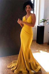 Newest Sexy Yellow Spaghetti-Straps Mermaid Prom Dress Cheap Ruffle V-Neck Sleeveless Pleats Floor Length Evening Gown Plus Size