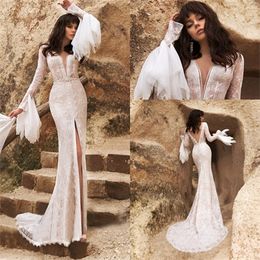 2020 V Neck Mermaid Wedding Dresses Long Sleeves Appliqued Lace Bridal Gown Illusion Backless Custom Made Sweep Train Vestidos De Novia