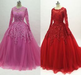 Lace Long Sleeves Prom Dresses Ball Gown Applique Beads Sequins Jewel Tulle Quinceanera Dress Sweet 16 Girls Evening Gowns Formal Party Long