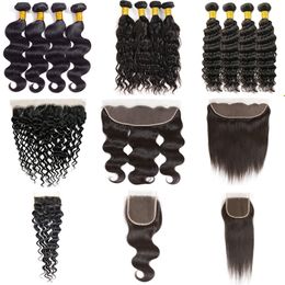 Indian Straight Virgin Human Hair 4 Bundles With Closure Frontal 100% Unprocessed Deep Wave Human Hair 13x4 with Ear to Ear Lace Closure For Black Women