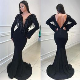 Tassel Black Prom Dresses Sexy Deep V Neck Backless Long Sleeves Mermaid Evening Dresses Floor Length 2019 Fashion Cocktail Party Gowns