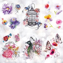 Cage à Oiseaux Paon Fleurs étanche Autocollant De Tatouage Temporaire Body Art Bras Aquarelle Dessin Tatouage Papillon Rose Faux