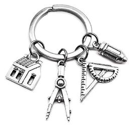 Architect Man Key Chain Women Key Holder Couples Keyring Ring Jewellery Alloy Silver Color House Compasses Pen Porte Clef