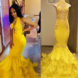 Yellow African Mermaid Prom Dresses Long Lace High Collar Sleeveless See Through Feather Formal Evening Party Wear Gowns robe de soiree