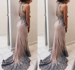 Silver Applique Evening Dresses Long 2019 Two Pieces Sheer Neckline Hollow Back Sweep Train Dresses Evening Wear Formal Prom Dress Cheap