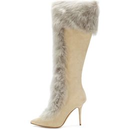 Hot Sale-Fashion Women Ladies Pointed Toe High Heel Knee High Boots Warm Faux Fur Winter Party Dress Shoes Zipper Beige Tan Size 4~15.5