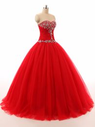 Cheap Red Prom Quinceanera Dresses Tulle Pleated Beaded Strapless Backless Prom Dress 8th Grade Sweet 16 Girls Special Occasion Dr2961