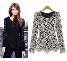 Fashion-Elegant&Sexy Women Long Sleeve Lace Peplum Jumper Top Blouse Hot Clothes Black Navy Beige 3 Colours