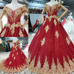 2019 New Arrival Red and Gold Luxury Ball Gown Arabic Bride Wedding Dress Off the Shoulder Beaded Lace-Up Back Arab Women Bridal Gowns