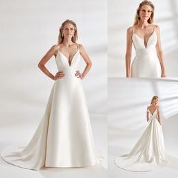 Eddy K Couture A Line Wedding Dress Spaghetti Sleeveless Satin Wedding Dresses Covered Button Sweep Train Bridal Gowns