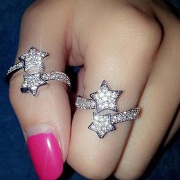New Double Five-pointed star Fashion Jewellery 925 Sterling Silver&Gold Fill Pave White Sapphire CZ Diamond Women Wedding Adjustable Open Ring