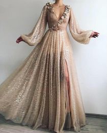 2019 new Shiny Gold Sequins Tulle Prom Dresses Long Sleeves V Neck Sexy Split Formal Evening Party Gowns Abendkleider Cheap Custom Made