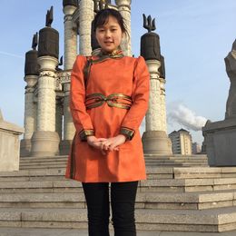 Orange Color Mongolia nationality costume female fashion gowns Mongolia Deer suede Cashmere Family living Robe clothing life girl