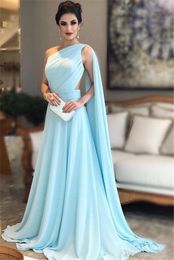 New Ocean Blue A Line Evening Dresses Elegant One Shoulder with Draped Sleeve Floor Length Long Formal Party Pageant Gowns Bridesmaids Dress