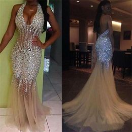 Stunning Crystals Mermaid Prom Dresses Plus Size 2019 Halter Neck Beaded Long African Girls Evening Gowns Backless